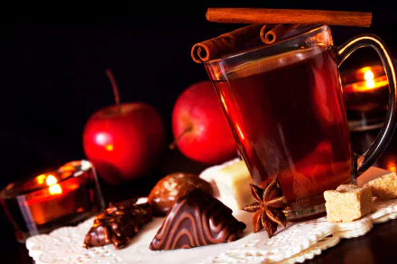 A warm cup of spiced cider garnished with cinnamon sits next to fresh apples, chocolate treats, and flickering candles, creating a cozy Christmas atmosphere in this 4K Ultra HD wallpaper.