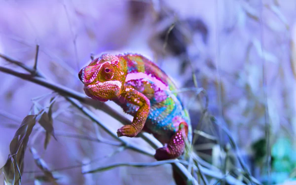 Colorful chameleon perched on a branch, showcasing vibrant hues against a softly blurred background. This HD image makes an eye-catching desktop wallpaper.