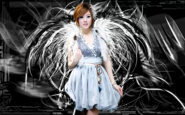 HD PC desktop wallpaper of a young woman in a pale embellished dress with feathered angel wings, posed against a high-contrast abstract black digital background.