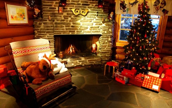 Holiday Christmas Christmas Tree Christmas Ornaments Gift Stuffed Animal Fireplace HD Wallpaper | Background Image