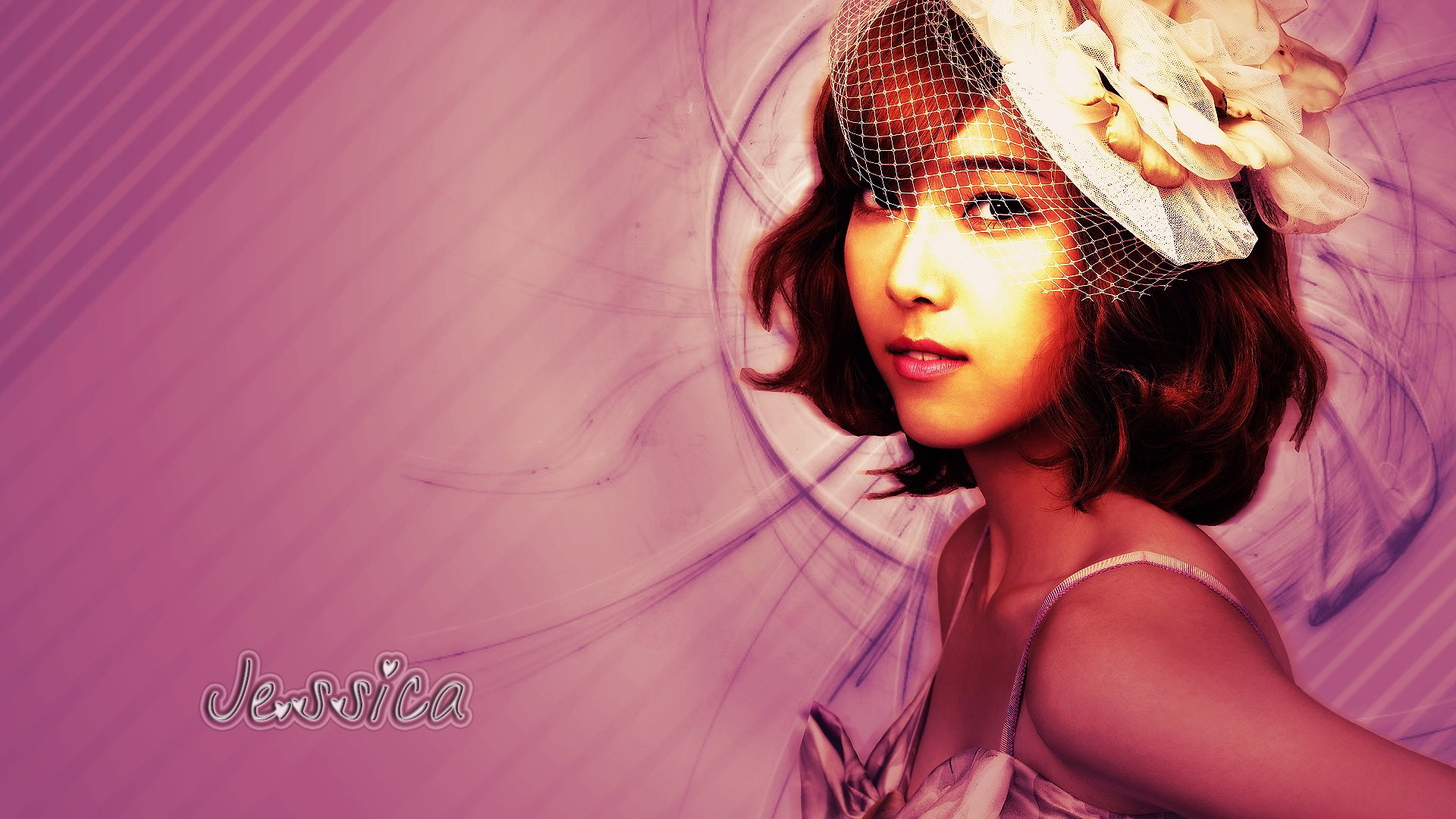 HD PC wallpaper of a Korean singer-actress in a vintage hat, soft pink K-pop, Girls' Generation–inspired aesthetic with an elegant pose and radial backdrop.