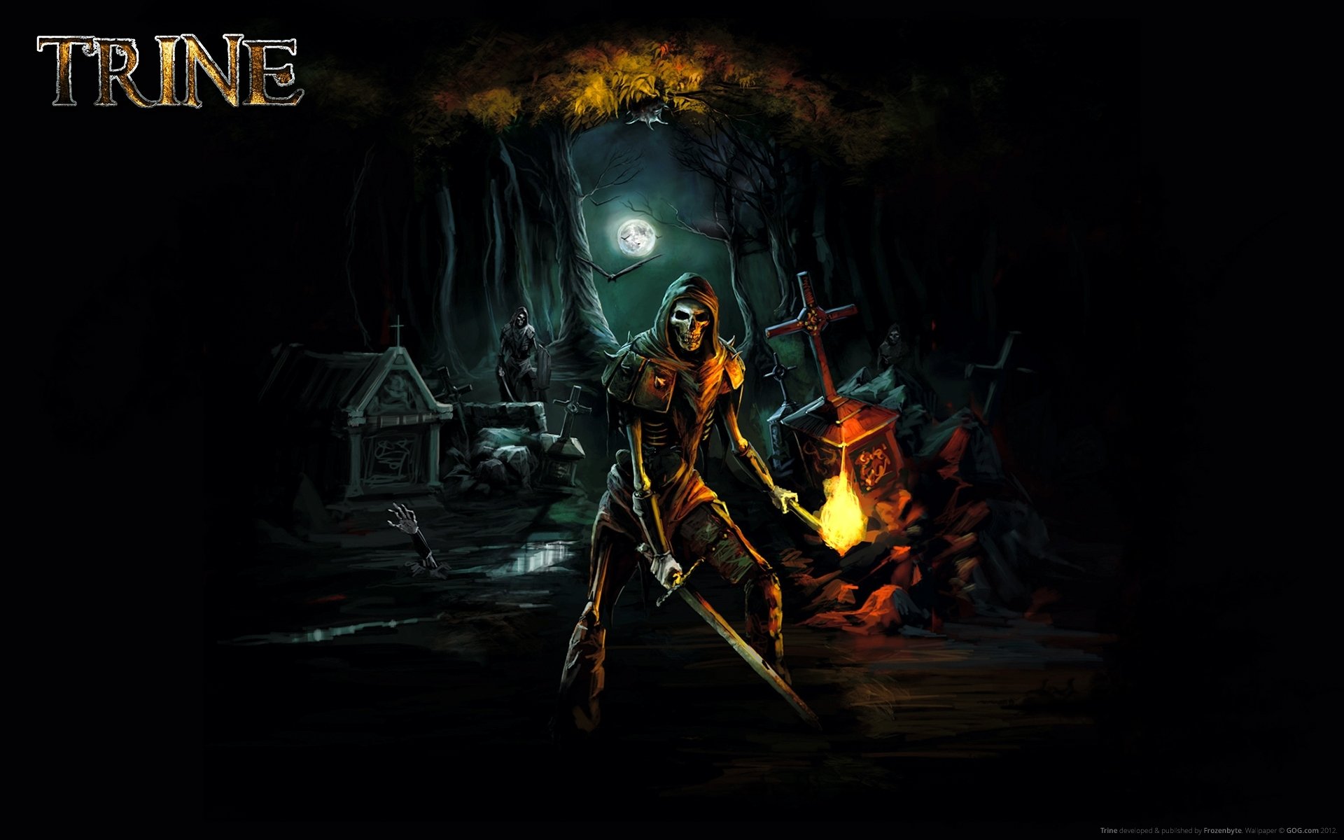 HD PC desktop wallpaper featuring a dark, mystical scene from the video game Trine, with a hooded character standing near a glowing forge under a moonlit forest.