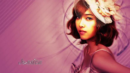 HD PC wallpaper of a Korean singer-actress in a vintage hat, soft pink K-pop, Girls' Generation–inspired aesthetic with an elegant pose and radial backdrop.
