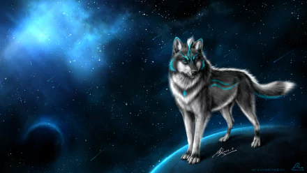 HD fantasy wallpaper featuring a mystical wolf standing on a planet under a starry sky with a blue moon.