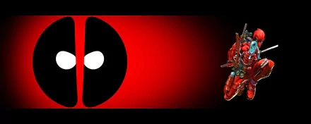 HD PC desktop wallpaper featuring comic character Deadpool with his iconic black and red mask on the left and full figure on the right against a red background.