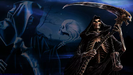 A dark, HD wallpaper featuring the grim reaper with a scythe, surrounded by eerie elements like skulls and a haunting landscape, creating a somber and atmospheric backdrop.