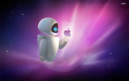 HD desktop wallpaper featuring a futuristic robot holding a glowing Apple Inc. logo against a vibrant purple galaxy background, blending technology and space themes.
