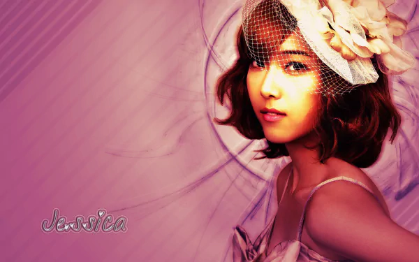 HD PC wallpaper of a Korean singer-actress in a vintage hat, soft pink K-pop, Girls' Generation–inspired aesthetic with an elegant pose and radial backdrop.