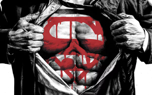 HD comic-style desktop wallpaper featuring a person ripping open their shirt to reveal a stylized, distressed Superman logo beneath.