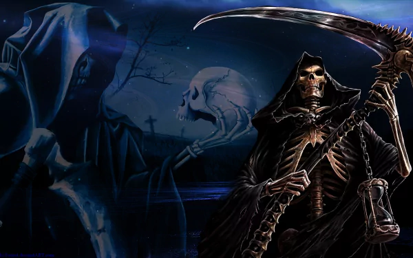 A dark, HD wallpaper featuring the grim reaper with a scythe, surrounded by eerie elements like skulls and a haunting landscape, creating a somber and atmospheric backdrop.