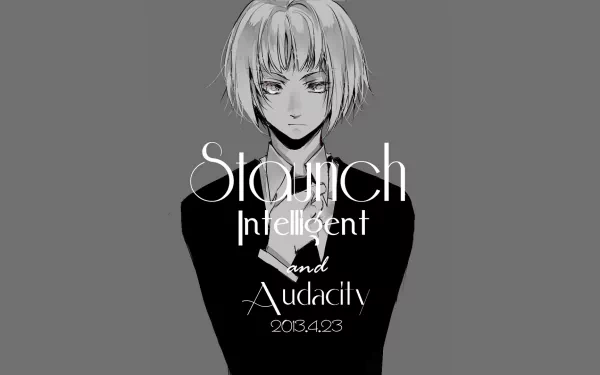 HD desktop wallpaper featuring Armin Arlert from the anime Attack on Titan, showcasing his character with the words Staunch, Intelligent, and Audacity in a sleek design.