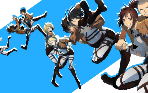 A vibrant HD wallpaper featuring characters Hange Zoë, Levi Ackerman, Armin Arlert, Annie Leonhart, Mikasa Ackerman, Eren Yeager, Connie Springer, and Sasha Blouse from Attack on Titan.