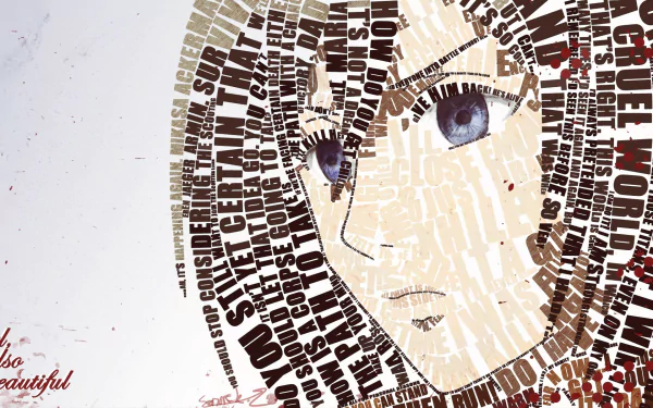 HD desktop wallpaper featuring a character from Attack on Titan, creatively composed of words that convey themes of beauty and struggle. A striking anime background for fans.