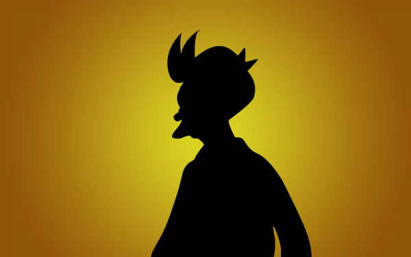 Silhouette of Fry from the TV show Futurama against a glowing yellow background, featured as an HD PC desktop wallpaper and background.