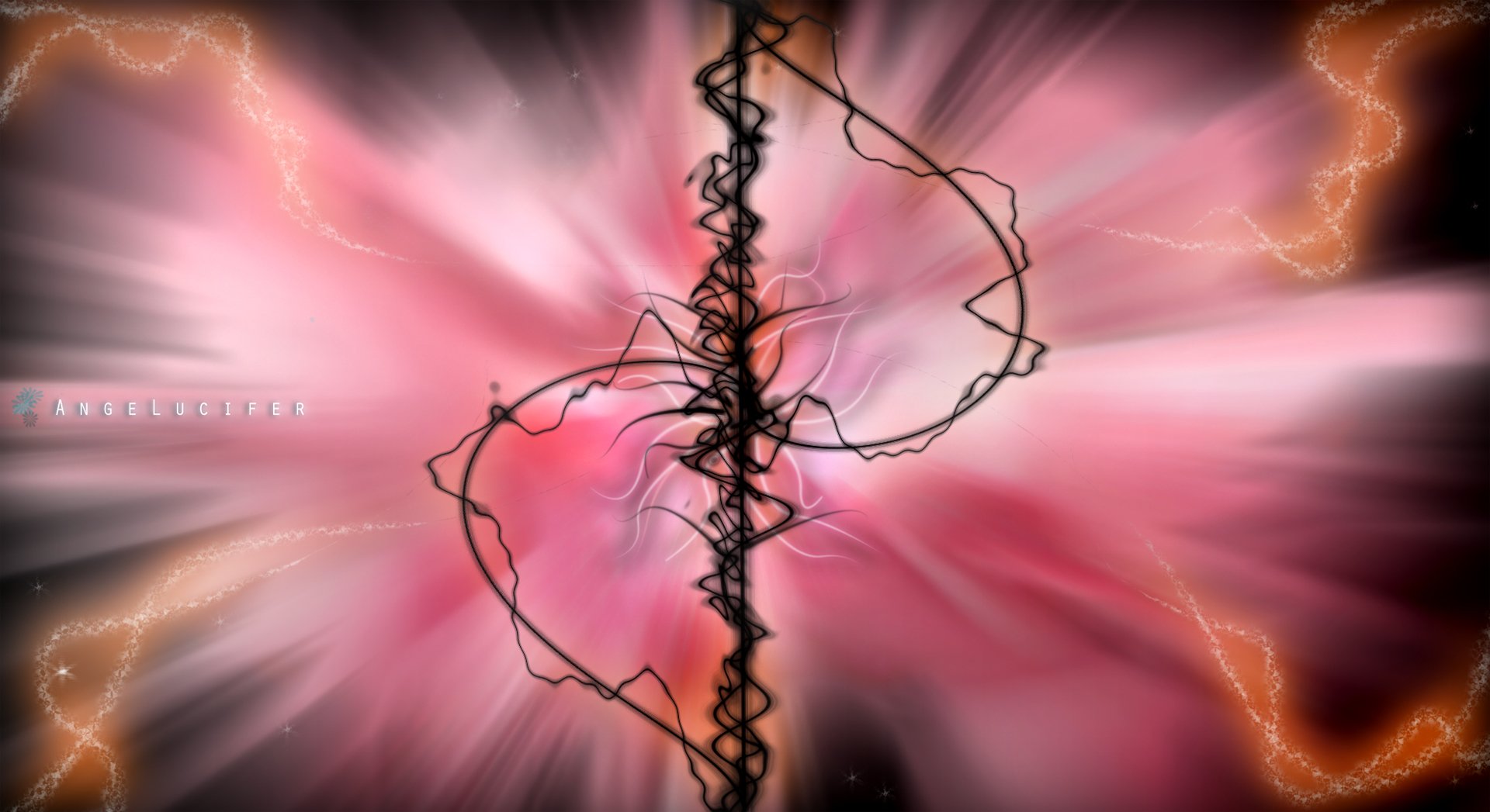 An abstract HD desktop wallpaper featuring vibrant colors and cool designs, showcasing a blend of pink hues with intricate black lines, creating a dynamic visual effect.