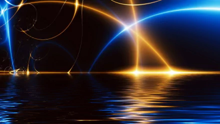 Abstract HD desktop wallpaper featuring dynamic light patterns with blue and golden hues reflected over a water surface.