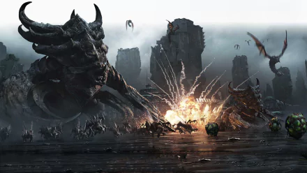 HD PC desktop wallpaper featuring a dramatic battle scene from the video game StarCraft II: Heart of the Swarm, showcasing monstrous alien creatures and explosive action.