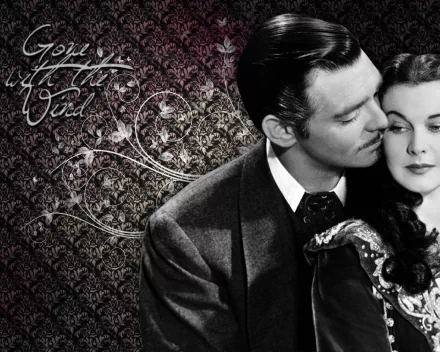 Black-and-white 4K Ultra HD desktop wallpaper featuring a romantic scene from the movie Gone With The Wind with vintage decorative background and title text.