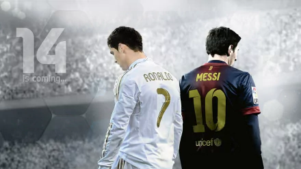 A striking HD wallpaper featuring Cristiano Ronaldo and Lionel Messi, showcasing their iconic jerseys while promoting FIFA 14, set against a dramatic stadium backdrop.