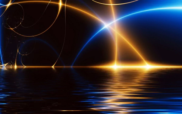 Abstract HD desktop wallpaper featuring dynamic light patterns with blue and golden hues reflected over a water surface.