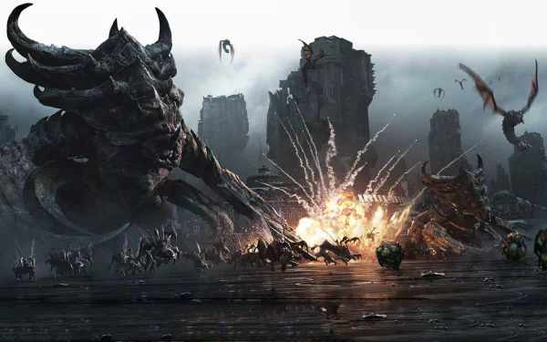 HD PC desktop wallpaper featuring a dramatic battle scene from the video game StarCraft II: Heart of the Swarm, showcasing monstrous alien creatures and explosive action.