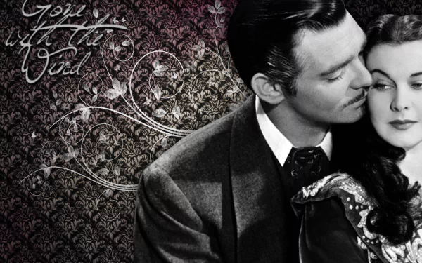 Black-and-white 4K Ultra HD desktop wallpaper featuring a romantic scene from the movie Gone With The Wind with vintage decorative background and title text.