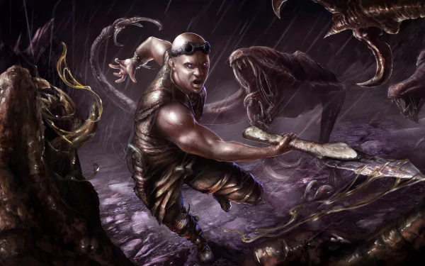 4K Ultra HD PC desktop wallpaper featuring Riddick from The Chronicles of Riddick, surrounded by creatures in a dark, intense sci-fi setting.