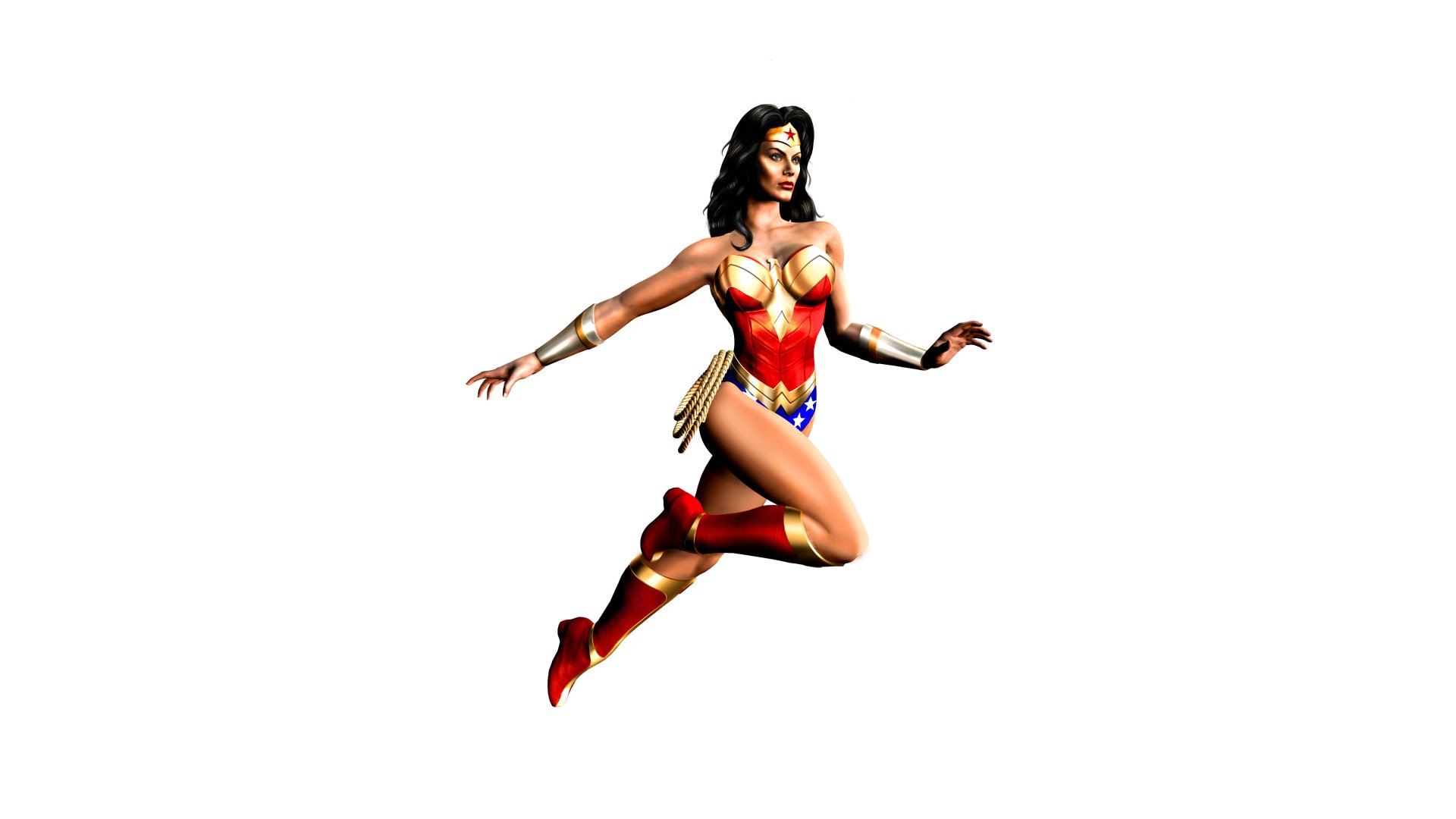 Comic-style Wonder Woman in red, blue and gold costume mid-leap on a white background, 5K Ultra HD PC desktop wallpaper/background.