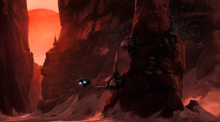 HD desktop wallpaper from Star Citizen featuring a spacecraft flying through a red, rocky alien landscape with towering cliffs and a large sun in the background.