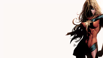 Comic Ms. Marvel 5K Ultra HD PC desktop wallpaper: half-body, flowing hair and star-emblazoned costume at right against a pale minimalist background.