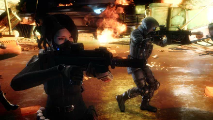 A dynamic scene from the video game Resident Evil: Operation Raccoon City, featuring two armed characters in a tense, fiery environment. Showcases 4K Ultra HD detail.