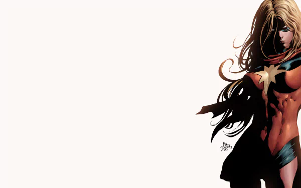 Comic Ms. Marvel 5K Ultra HD PC desktop wallpaper: half-body, flowing hair and star-emblazoned costume at right against a pale minimalist background.