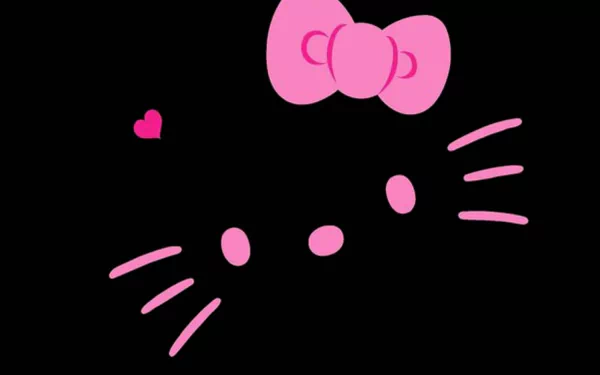 HD desktop wallpaper featuring a minimalist Hello Kitty design with a large pink bow and whiskers set against a black background.