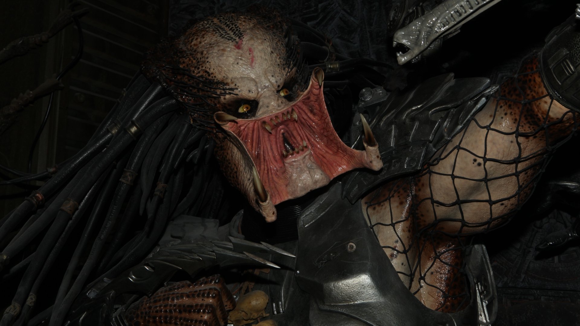 Close-up of a Predator alien in detailed armor, rendered in 4K Ultra HD as a sci-fi PC desktop wallpaper and background.