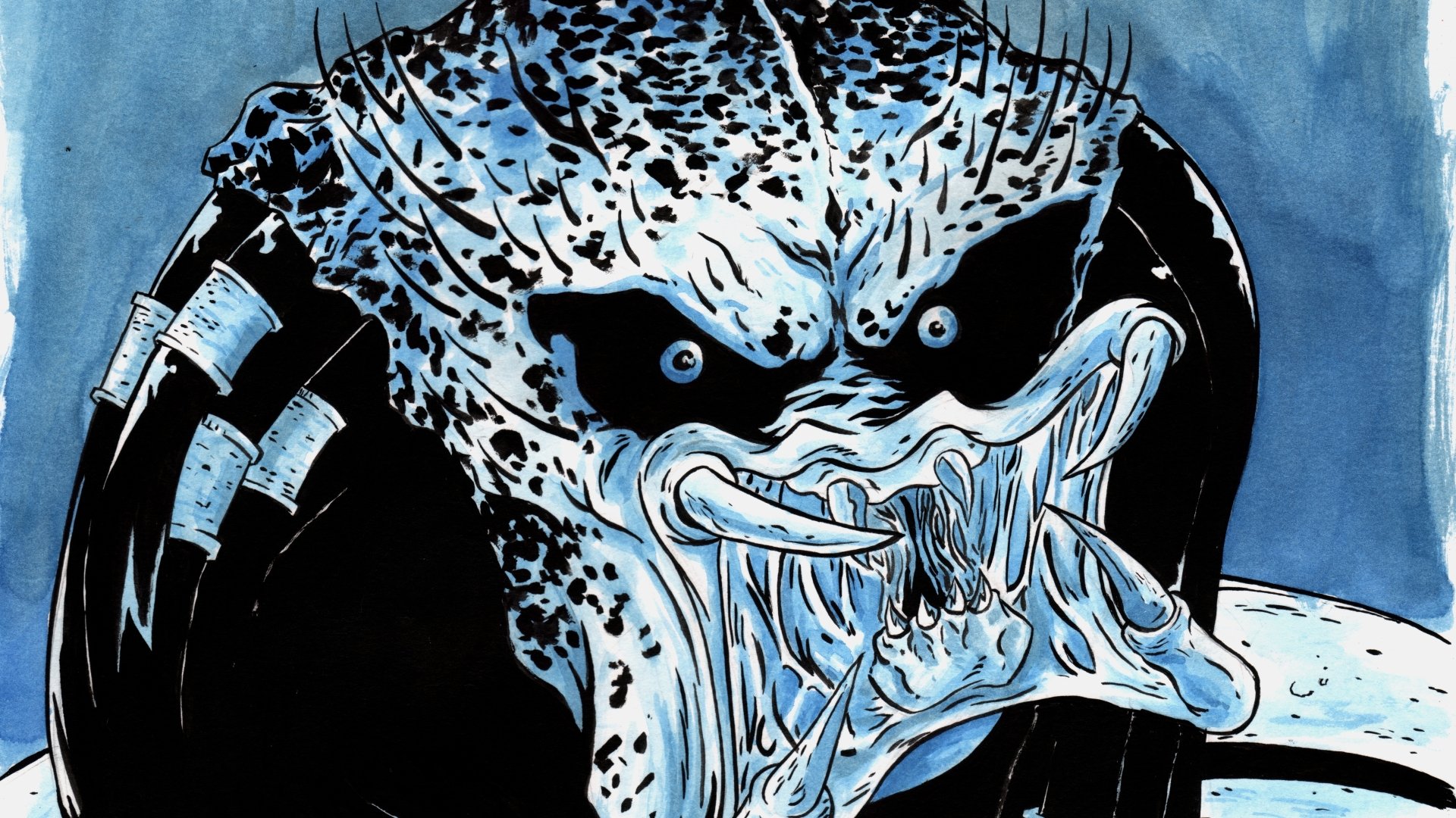 Sci‑Fi Predator 5K Ultra HD PC desktop wallpaper and background: close-up of a snarling alien predator with mottled skin, dreadlock tendrils and open mandibles on a blue backdrop.