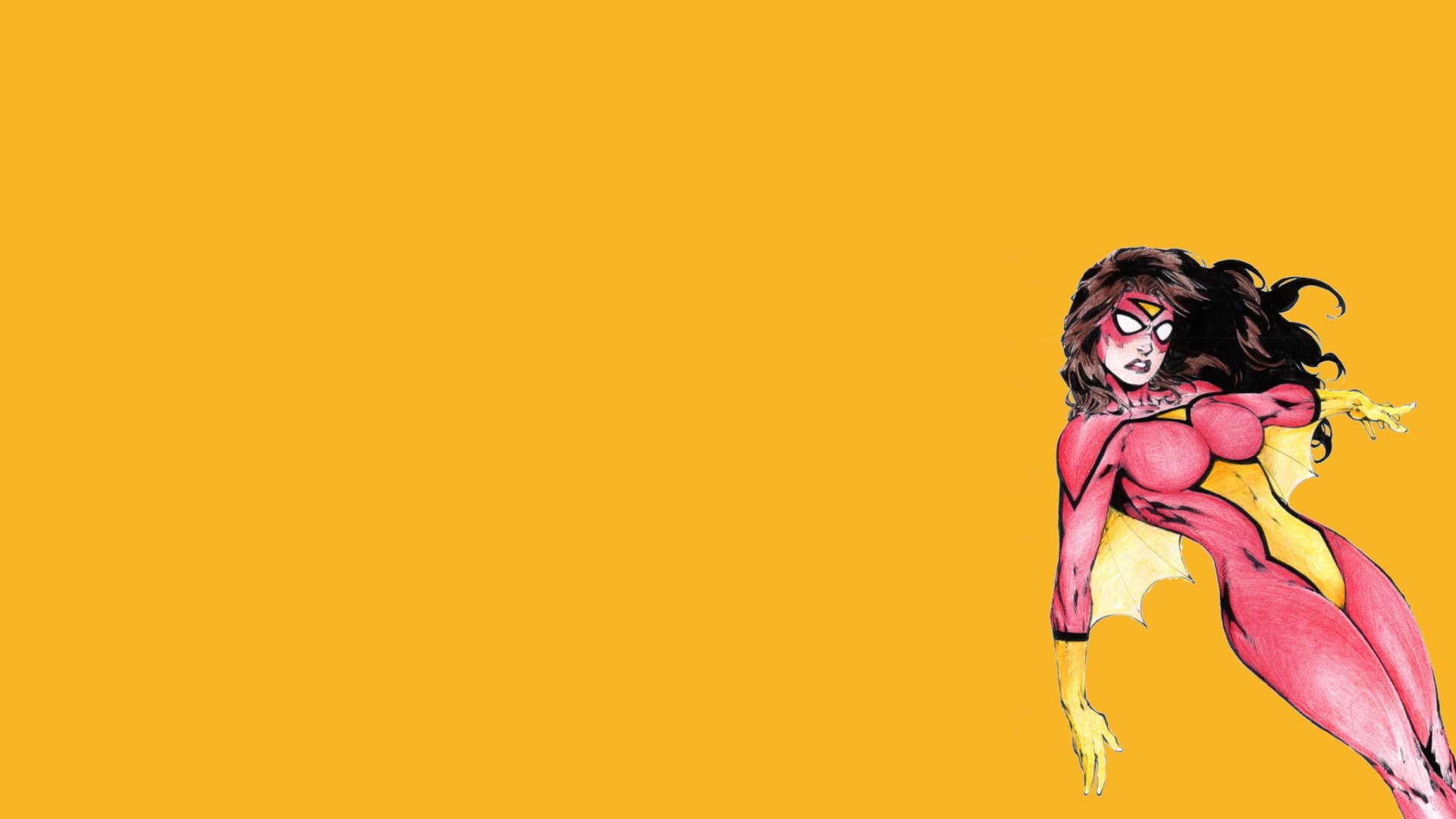 Comic Spider-Woman in a red suit posed at the right edge against a flat golden-yellow field — 8K Ultra HD PC desktop wallpaper background.