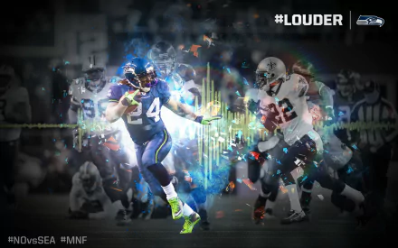 An electrifying Seattle Seahawks wallpaper showcasing a dynamic play during a game, with the hashtag #LOUDER and vibrant graphics highlighting the team's energy and spirit.