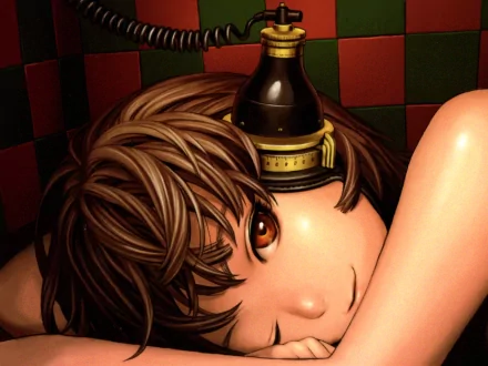 Anime-style HD wallpaper by Range Murata features a character with brown hair and intricate headgear, set against a colorful checkered background.