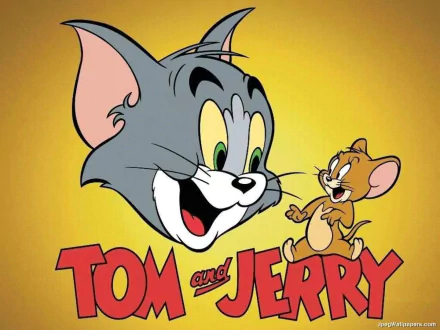 HD desktop wallpaper featuring the TV show Tom and Jerry with Tom the cat and Jerry the mouse, smiling on a bright yellow background.