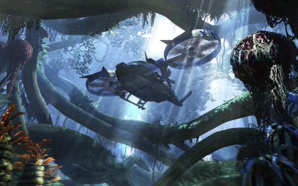 4K Ultra HD PC desktop wallpaper featuring a dense, alien forest scene from the movie Avatar, with futuristic flying vehicles navigating through towering, bioluminescent plants.