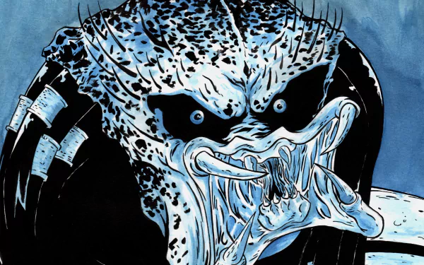 Sci‑Fi Predator 5K Ultra HD PC desktop wallpaper and background: close-up of a snarling alien predator with mottled skin, dreadlock tendrils and open mandibles on a blue backdrop.