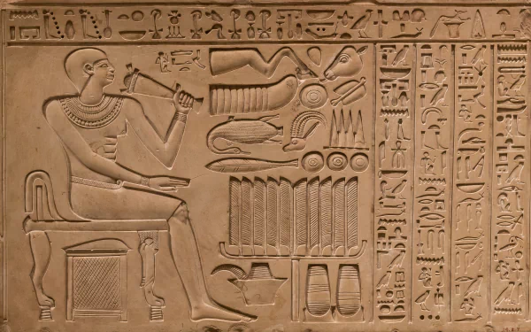 4K Ultra HD wallpaper featuring detailed man-made hieroglyphics carved into a stone wall, depicting an ancient figure and symbolic inscriptions.