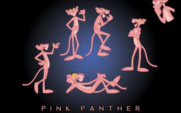 HD wallpaper featuring the iconic Pink Panther from The Pink Panther Show in various poses. The background is dark with the character's name displayed below.