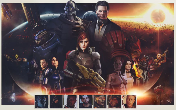 A dynamic HD wallpaper featuring iconic characters from Mass Effect, including Commander Shepard, Liara T'Soni, and Garrus Vakarian, against a backdrop of space and action.