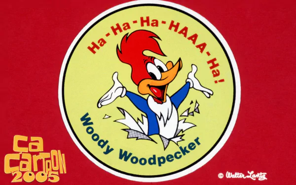 HD PC desktop wallpaper featuring Woody Woodpecker from the TV show, surrounded by laughter text on a red background with a retro cartoon logo.