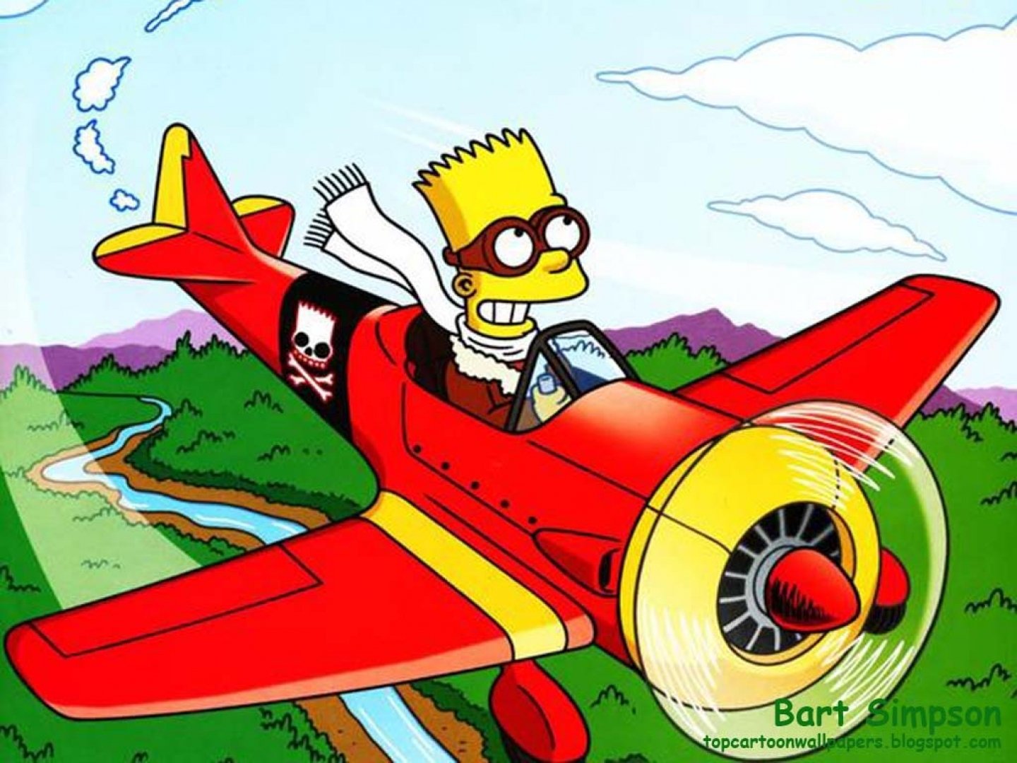 Bart Simpson from the TV show The Simpsons flies a red plane with a skull emblem in this vibrant HD PC desktop wallpaper and background.
