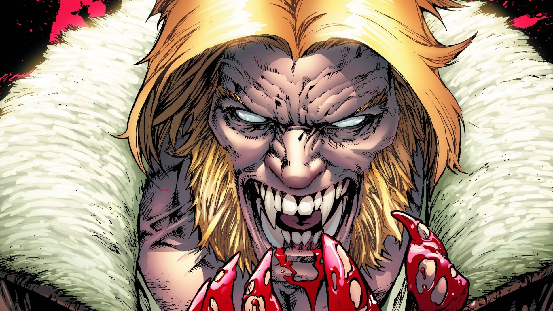 HD PC desktop wallpaper featuring a fierce Sabertooth from the X-Men comics, showcasing his sharp claws and menacing expression in vivid detail.