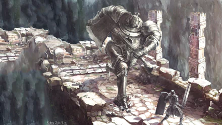 An Iron Golem towers menacingly over a knight on a crumbling stone path, capturing the essence of danger in the Dark Souls video game. This HD image serves as a striking desktop wallpaper.