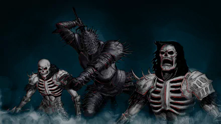 Dark Souls HD PC desktop wallpaper featuring three menacing skeletal warriors clad in dark, spiked armor against a shadowy background.