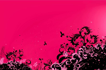 HD PC desktop wallpaper featuring an abstract design with black floral patterns and birds against a vibrant pink background.